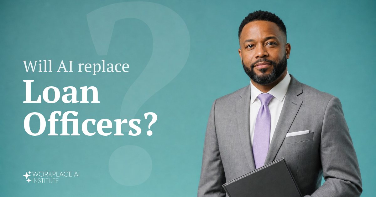 Will AI replace loan officers? A loan officer in a grey suit holding a folder against a teal wall.