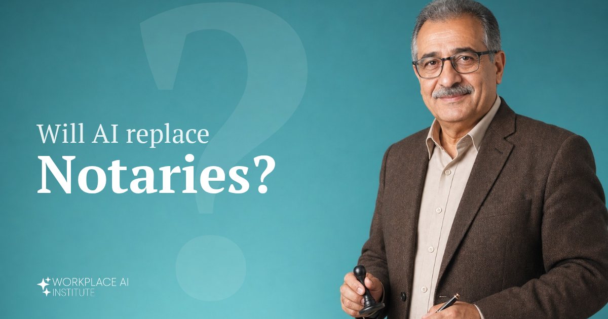 Will AI replace notaries? A notary in a brown blazer holding a stamp and pen against a teal wall.