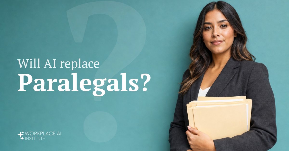 Will AI replace paralegals? A paralegal in a charcoal blazer holding manila folders against a teal wall.
