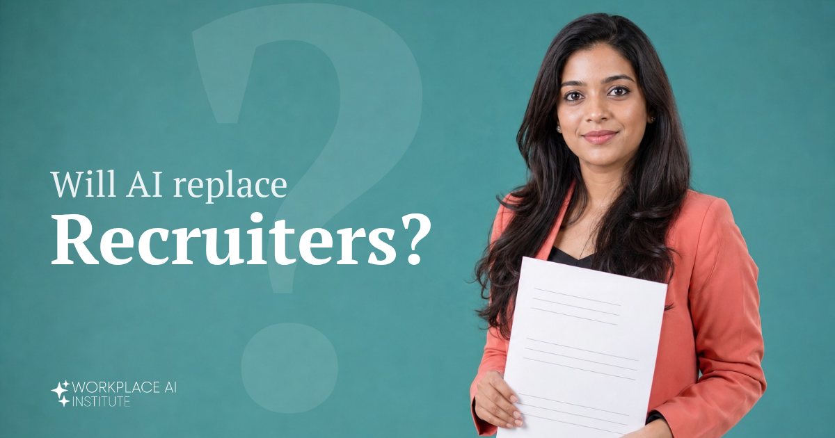 Will AI replace recruiters? A recruiter in a coral blazer holding a resume against a teal wall.