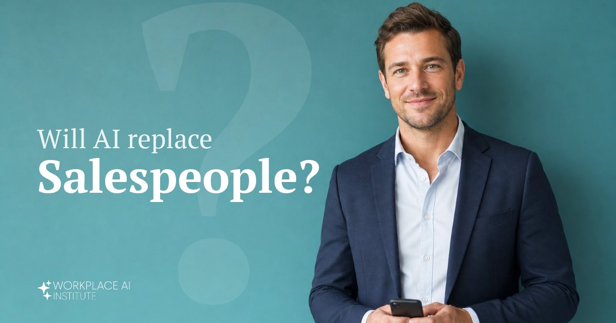 Will AI replace salespeople? A salesperson in a navy blazer holding a phone against a teal wall.