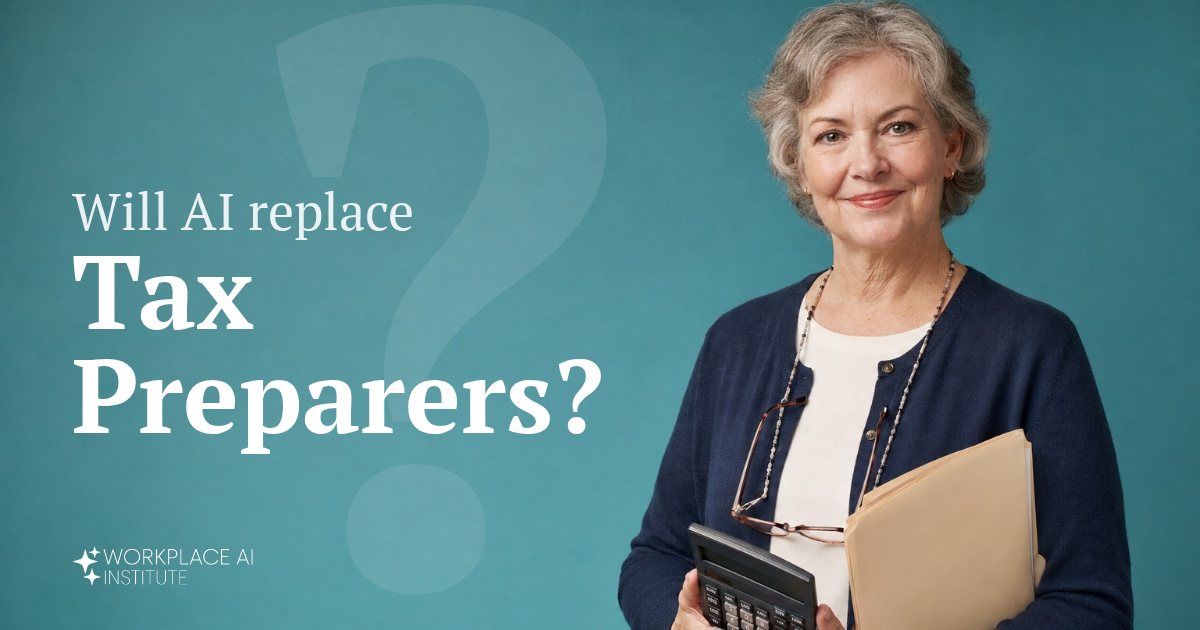 Will AI replace tax preparers? A tax preparer in a navy cardigan holding a calculator against a teal wall.
