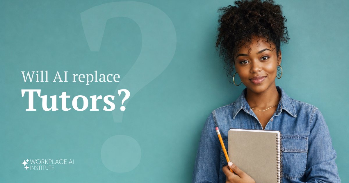 Will AI replace tutors? A tutor in a denim shirt holding a notebook and pencil against a teal wall.
