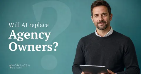 Will AI replace agency owners? An agency owner in a charcoal sweater holding a tablet against a teal wall.