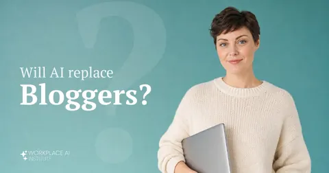 Will AI replace bloggers? A blogger in a cream sweater holding a laptop against a teal wall.