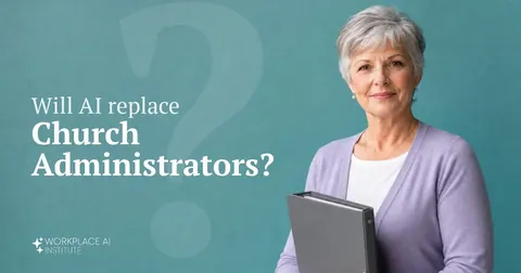 Will AI replace church administrators? A church administrator in a lavender cardigan holding a binder against a teal wall.