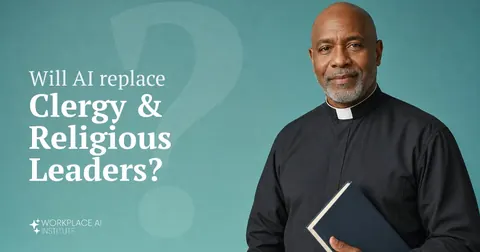 Will AI replace clergy & religious leaders? A clergy member in a clerical collar holding a closed book against a teal wall.