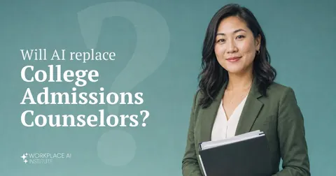 Will AI replace college admissions counselors? An admissions counselor in a green blazer holding a folder against a teal wall.