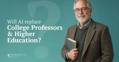 Will AI replace college professors & higher education? A college professor in a tweed jacket holding a book against a teal wall.