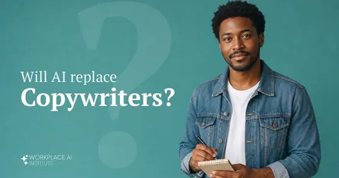 Will AI replace copywriters? A copywriter in a denim jacket holding a notebook and pen against a teal wall.