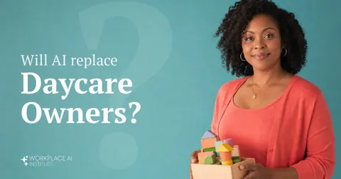 Will AI replace daycare owners? A daycare owner in a coral cardigan holding toy blocks against a teal wall.