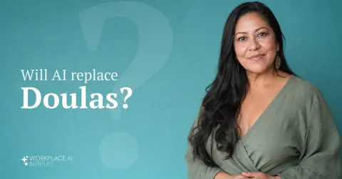 Will AI replace doulas? A doula in a sage-green top with hands clasped against a teal wall.