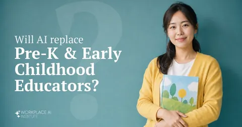 Will AI replace Pre-K & early childhood educators? A preschool teacher in a yellow cardigan holding a picture book against a teal wall.