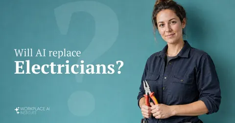 Will AI replace electricians? An electrician in a work shirt and tool belt holding insulated pliers against a teal wall.