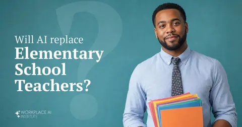 Will AI replace elementary school teachers? An elementary school teacher holding colored construction paper against a teal wall.