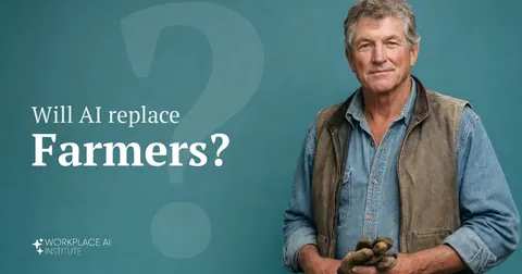 Will AI replace farmers? A farmer in a denim shirt and canvas vest holding work gloves against a teal wall.