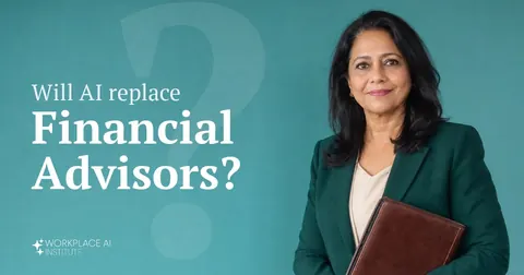 Will AI replace financial advisors? A financial advisor in an emerald blazer holding a portfolio against a teal wall.
