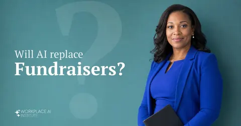 Will AI replace fundraisers? A fundraiser in a cobalt blazer holding a folder against a teal wall.