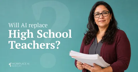 Will AI replace high school teachers? A high school teacher in a maroon cardigan holding papers against a teal wall.