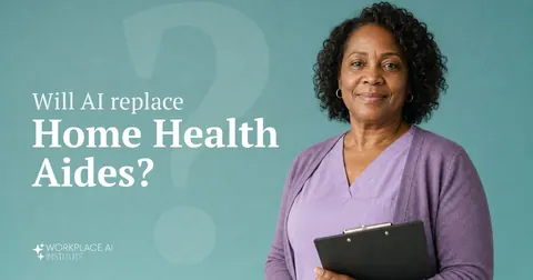 Will AI replace home health aides? A home health aide in lavender scrubs holding a clipboard against a teal wall.