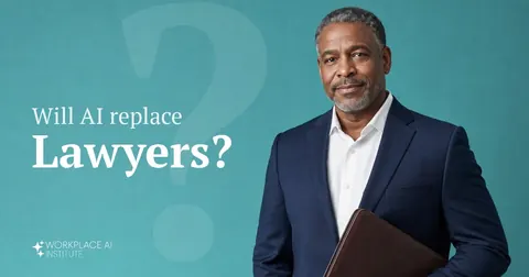 Will AI replace lawyers? A lawyer in a navy suit holding a leather folio against a teal wall.
