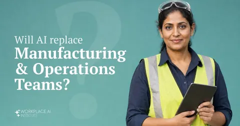 Will AI replace manufacturing & operations teams? An operations manager in a safety vest holding a tablet against a teal wall.