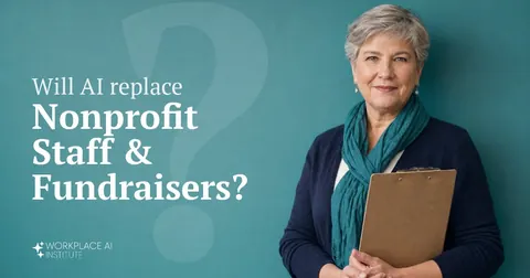 Will AI replace nonprofit staff & fundraisers? A nonprofit staff member in a navy cardigan holding a clipboard against a teal wall.