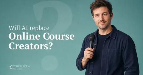 Will AI replace online course creators? An online course creator in a navy overshirt holding a microphone against a teal wall.