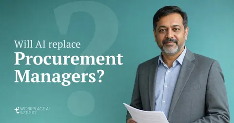 Will AI replace procurement managers? A procurement manager in a grey blazer holding a contract against a teal wall.