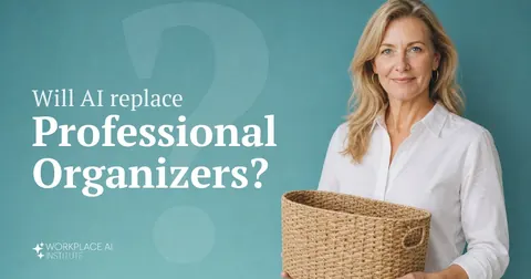 Will AI replace professional organizers? A professional organizer in a white shirt holding a storage basket against a teal wall.