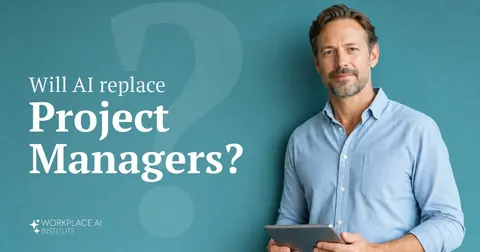 Will AI replace project managers? A project manager in a blue oxford shirt holding a tablet against a teal wall.