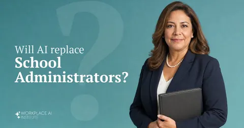 Will AI replace school administrators? A school administrator in a navy blazer holding a binder against a teal wall.