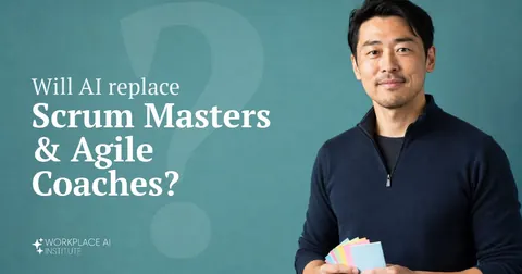 Will AI replace scrum masters & agile coaches? An agile coach in a navy quarter-zip holding sticky notes against a teal wall.