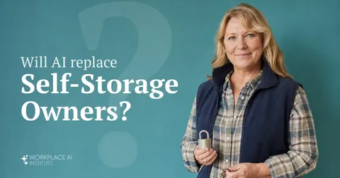 Will AI replace Self-Storage owners? A self-storage owner in a fleece vest holding a padlock and keys against a teal wall.