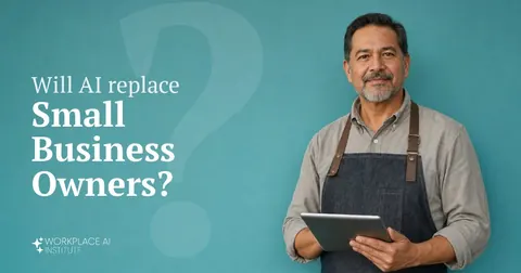 Will AI replace small business owners? A small business owner in an apron holding a tablet against a teal wall.