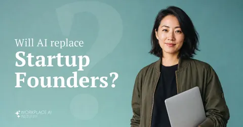 Will AI replace startup founders? A startup founder in an olive jacket holding a laptop against a teal wall.