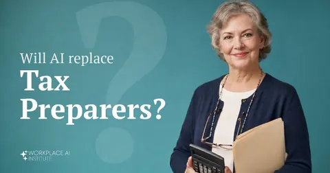 Will AI replace tax preparers? A tax preparer in a navy cardigan holding a calculator against a teal wall.