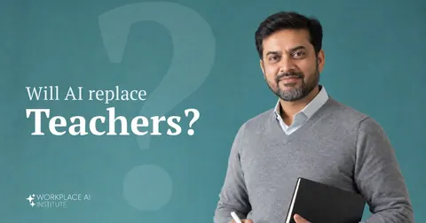 Will AI replace teachers? A teacher in a grey sweater holding a book and marker against a teal wall.