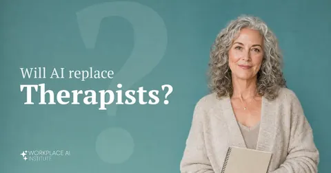 Will AI replace therapists? A therapist in an oatmeal cardigan holding a notebook against a teal wall.
