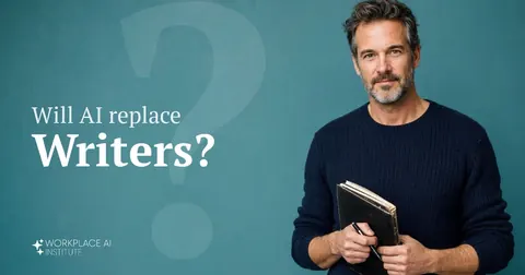 Will AI replace writers? A writer in a navy sweater holding a notebook and pen against a teal wall.