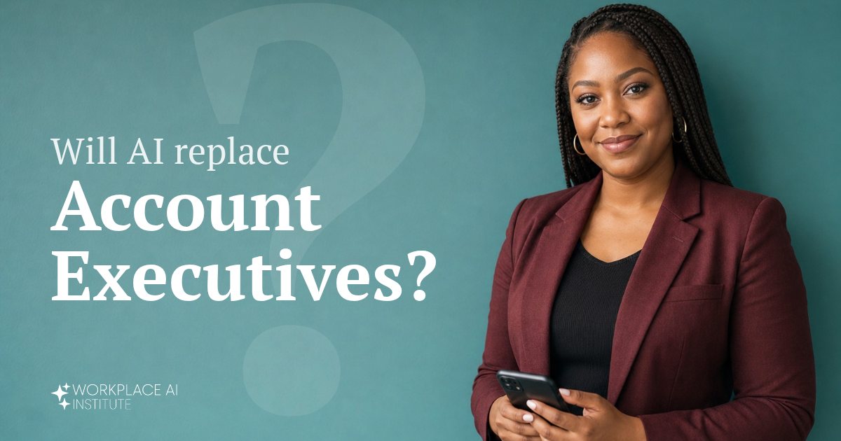 Will AI replace account executives? An account executive in a burgundy blazer holding a phone against a teal wall.