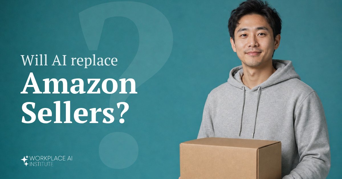 Will AI replace Amazon sellers? An online seller in a grey hoodie holding a shipping box against a teal wall.