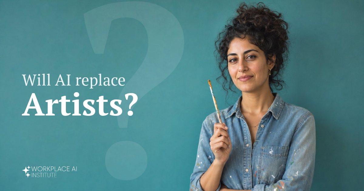 Will AI replace artists? An artist in a paint-flecked denim shirt holding a paintbrush against a teal wall.