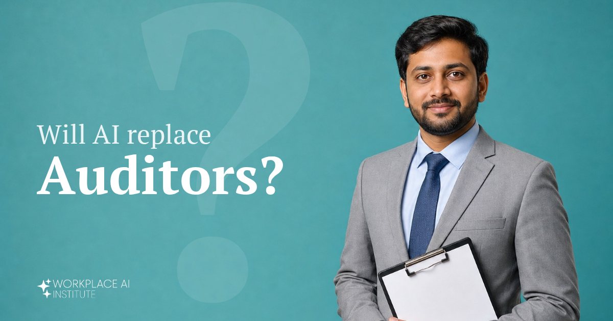 Will AI replace auditors? An auditor in a grey suit holding a clipboard against a teal wall.