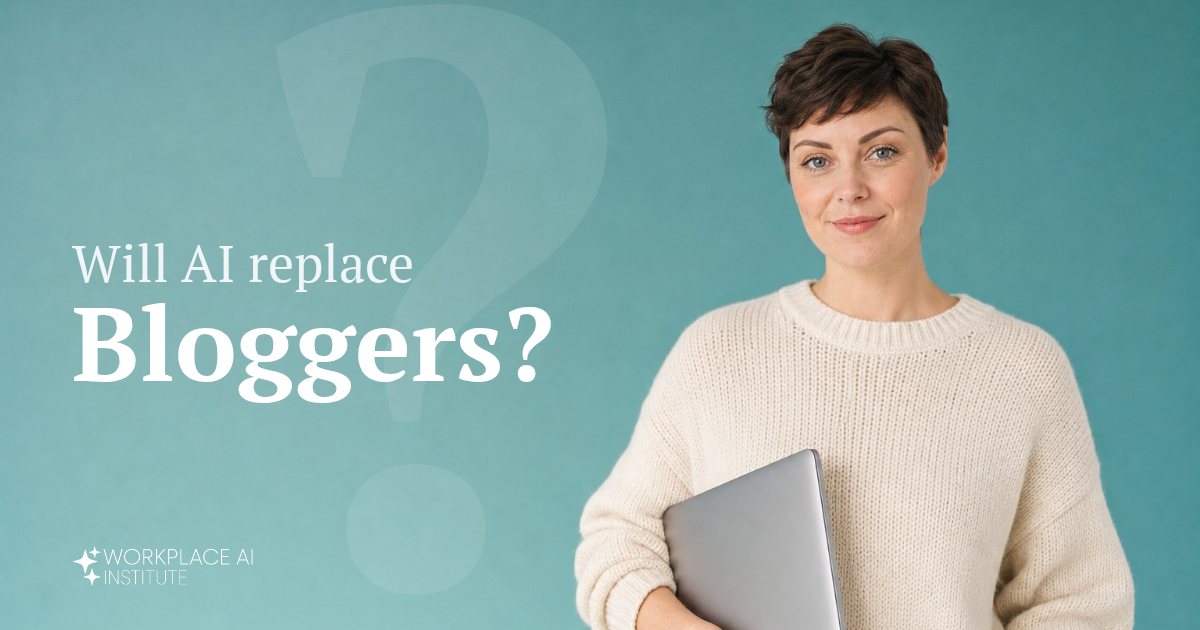 Will AI replace bloggers? A blogger in a cream sweater holding a laptop against a teal wall.