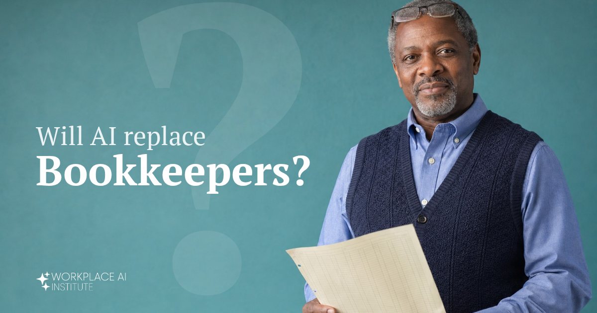 Will AI replace bookkeepers? A bookkeeper in a knit vest holding a ledger against a teal wall.