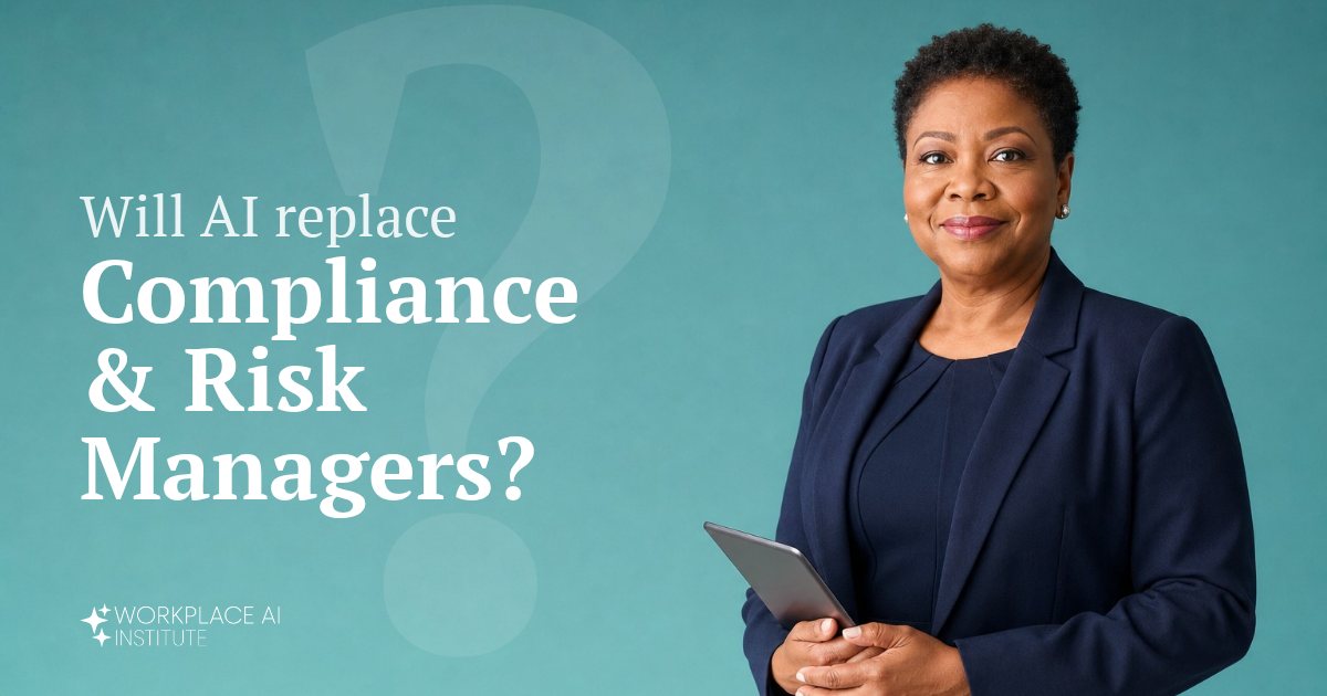 Will AI replace compliance & risk managers? A compliance manager in a navy blazer holding a tablet against a teal wall.