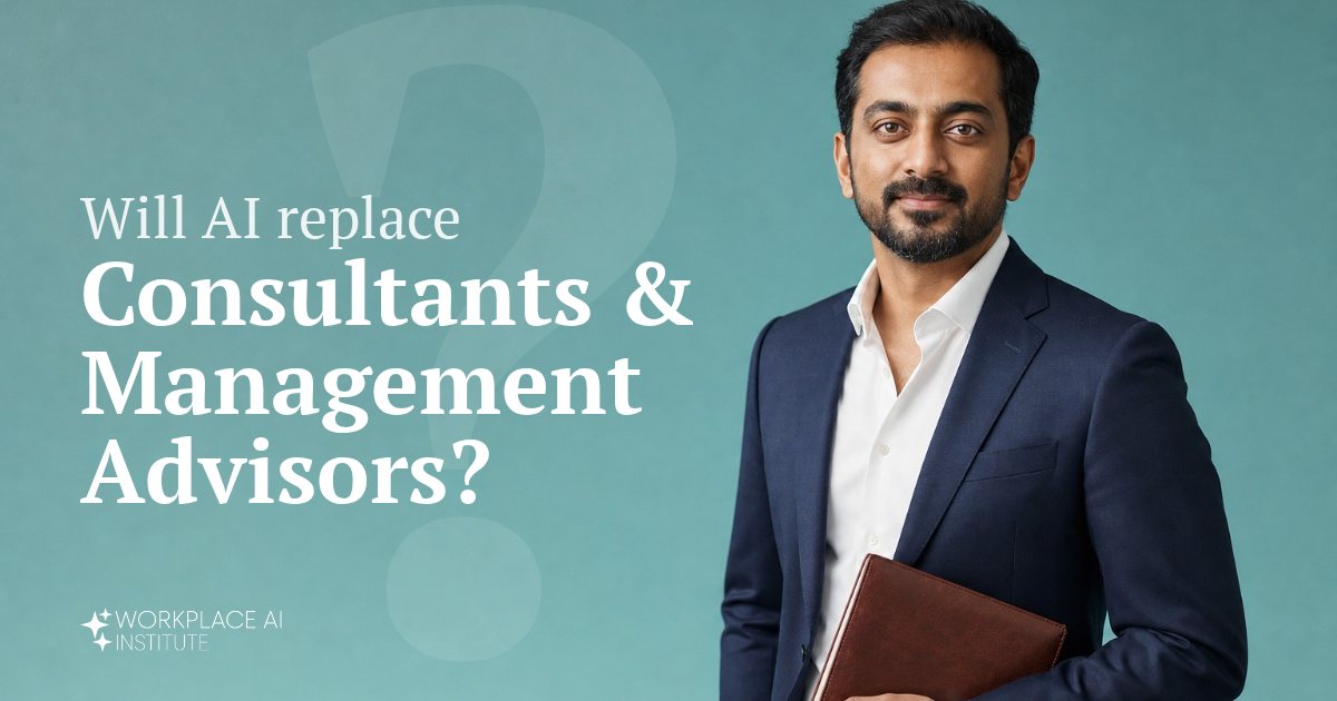 Will AI replace consultants & management advisors? A management consultant in a navy suit holding a notebook against a teal wall.