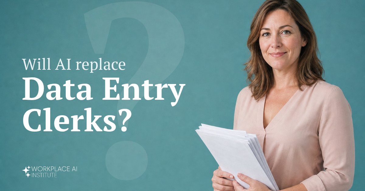 Will AI replace data entry clerks? A data entry clerk in a pink blouse holding paper forms against a teal wall.
