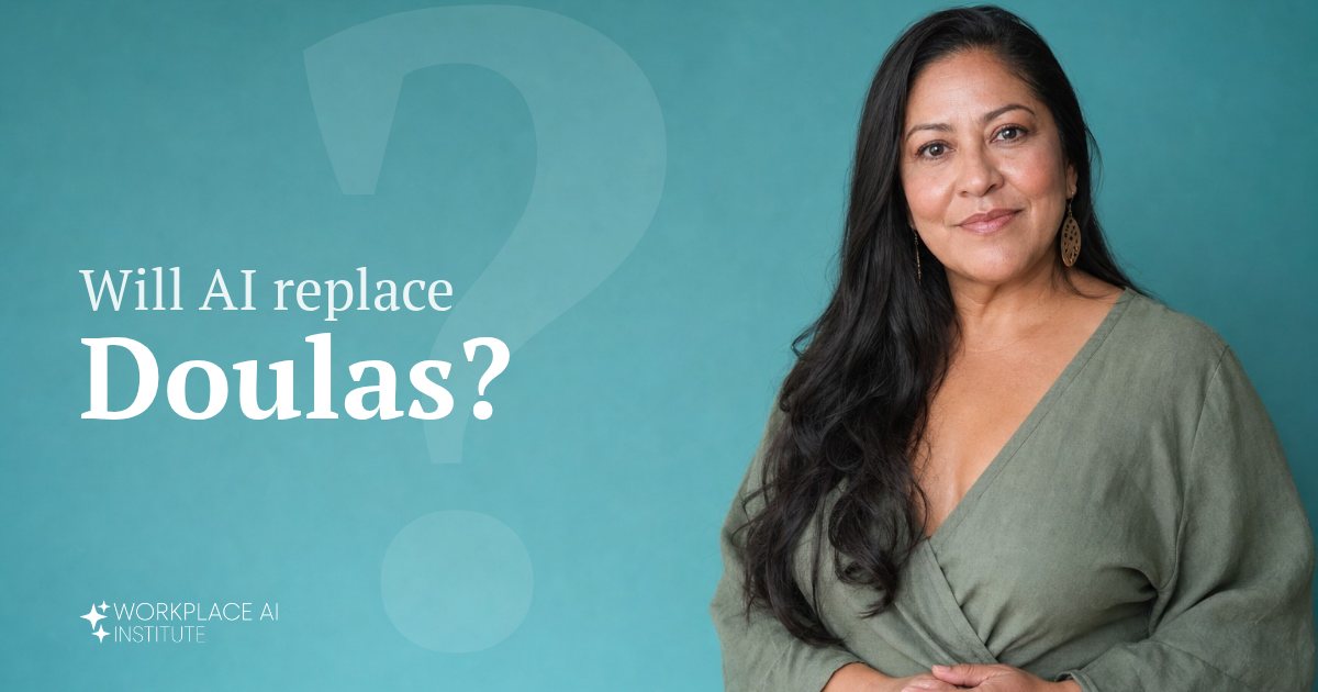 Will AI replace doulas? A doula in a sage-green top with hands clasped against a teal wall.